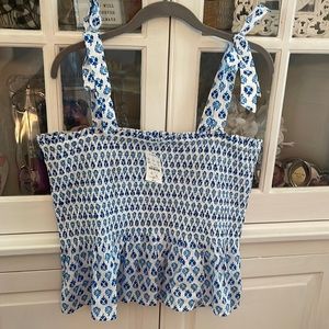 J. Crew Floral Blue & White Smocked Ruffle Top Xl nwt
